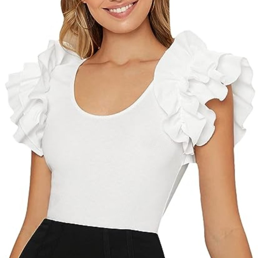 Verdusa Women's Ruffle Trim Layered Butterfly Sleeve Scoop Neck Fitted Tee Top